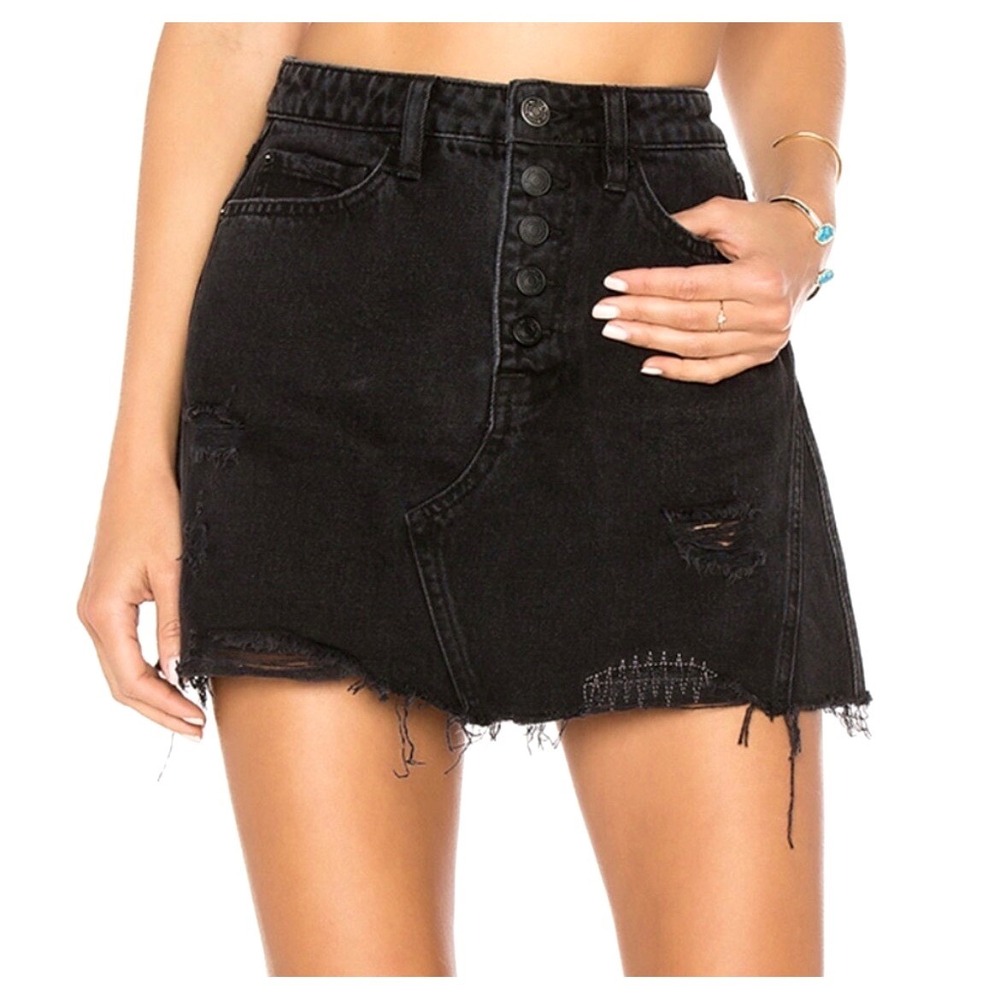 WE THE FREE Sz 28 Black Distressed Denim Mini Skirt Raw Hem Punk Grunge Emo Goth
